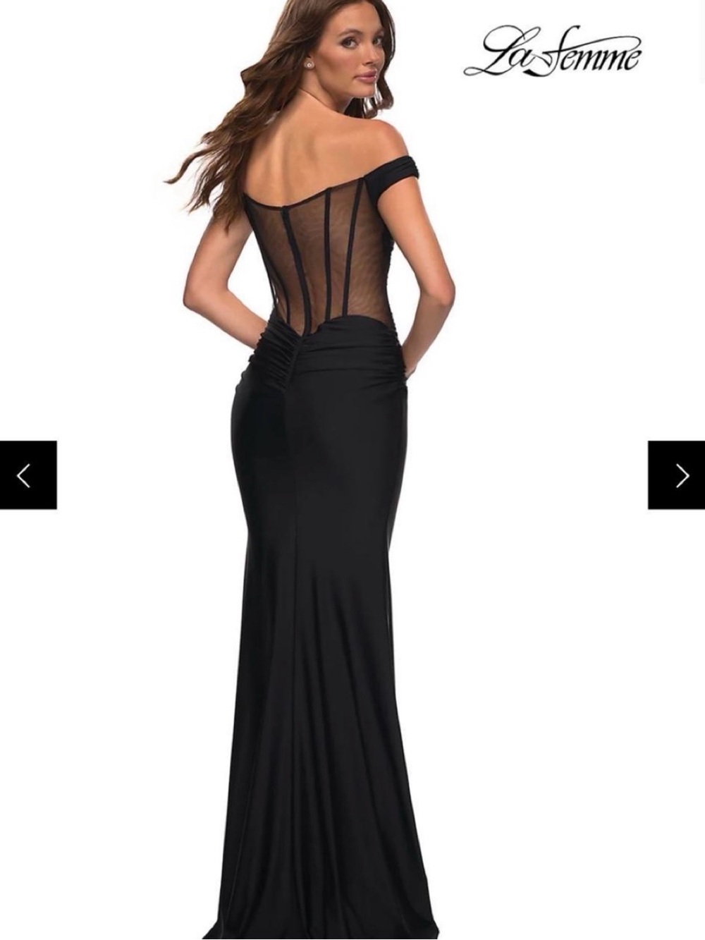 La Femme Black Off-Shoulder Mesh Back Maxi Evening Gown